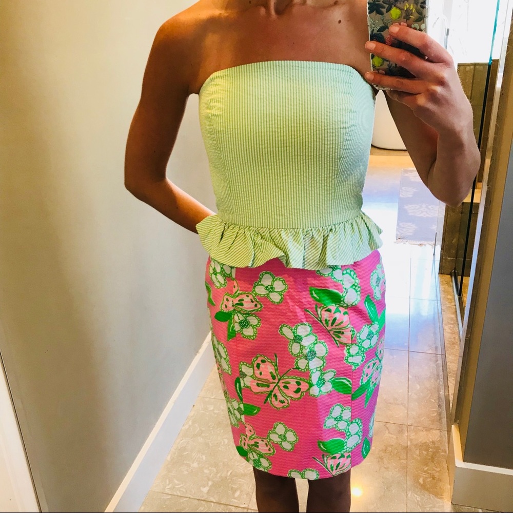 Lilly Pulitzer Strapless Dress in Green and Pink Floral